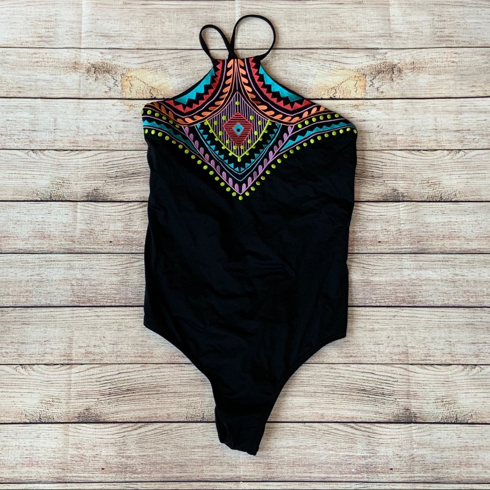 Black embroidered one piece swimsuit